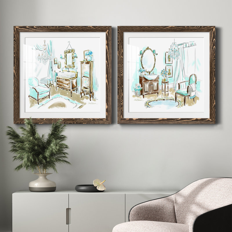Blue Opulence I - ensemble de 2 peintures encadrées, Encadré de bois de noyer, H 31,5 po x l 63 po x P 1,5 po