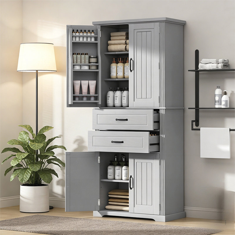 Elegant Storage Cabinet with Multi-Functional Space, Adjustable Shelves, and 2 Drawers for Versatile Organization, Gray
