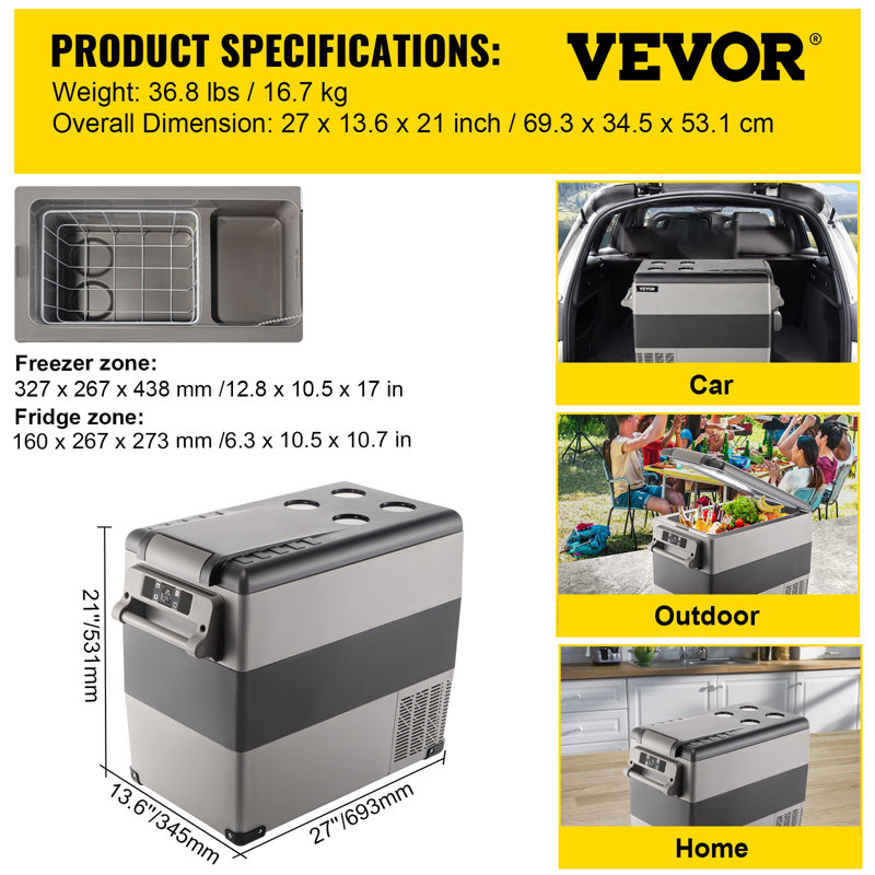 VEVOR 12V Car Refrigerator 55L Portable RV Freezer with App Control(-4℉~68℉) Dual-Zone Car Fridge