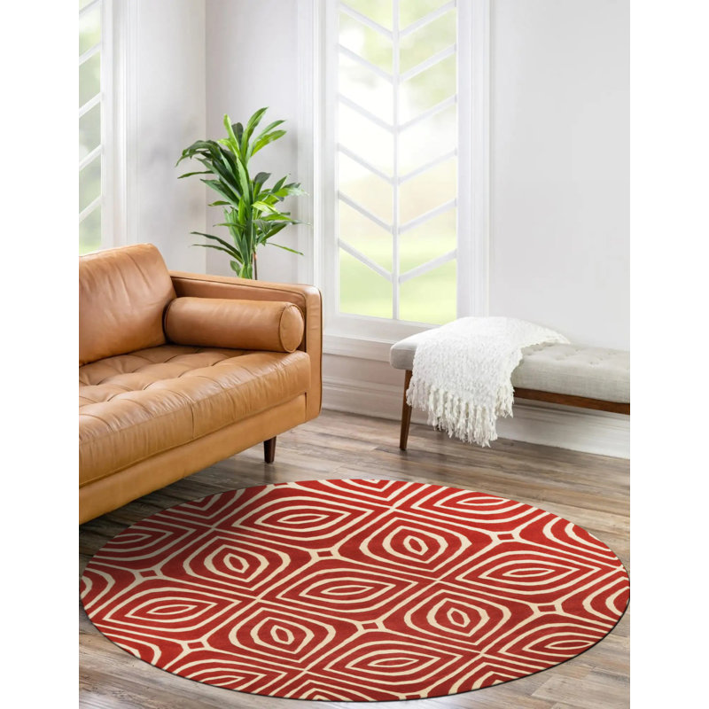 Corrigan Luxurious Red Hand Tufted Wool Ivory Contemporary Geometric Area Rug, Round 6'