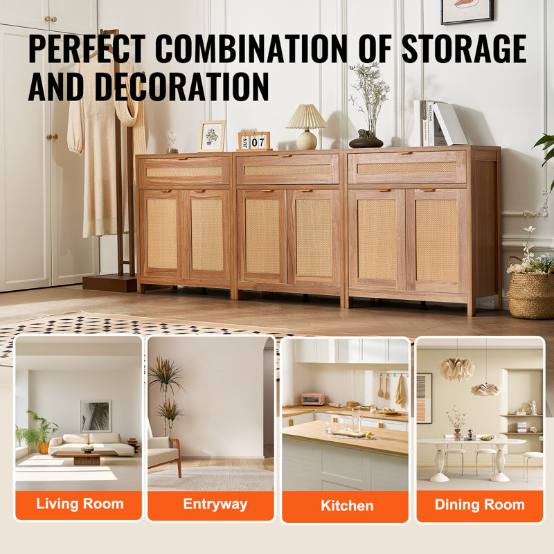Natural Wood and Rattan Cabinet with Adjustable Shelving