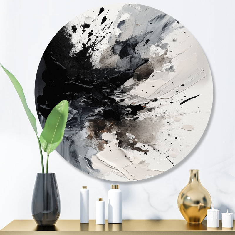 Noir texturé Splash Paint Art IV - peinture abstraite ronde, art mural en métal, H 29 po x l 29 po x P 1 po