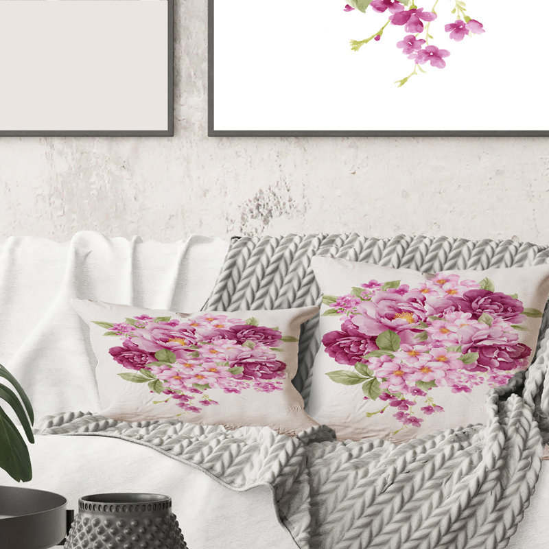Carré, fleurs rétro roses - coussin décoratif imprimé traditionnel, 16" x 16"