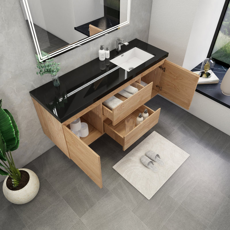 Castin 60" Wall-Mounted Single Right Sink Bathroom Vanity Set, England Oak