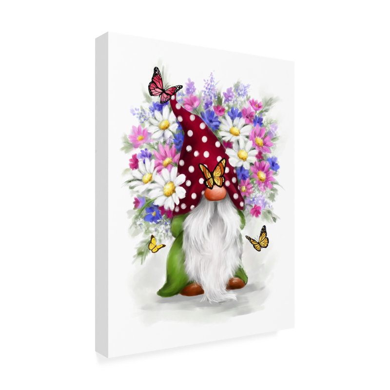 Art sur toile, gnome avec fleurs, H 14 po x l 19 po