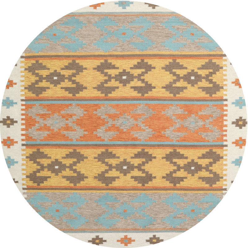 Tapis contemporain gris / jaune / rouge, Rond 6 pi