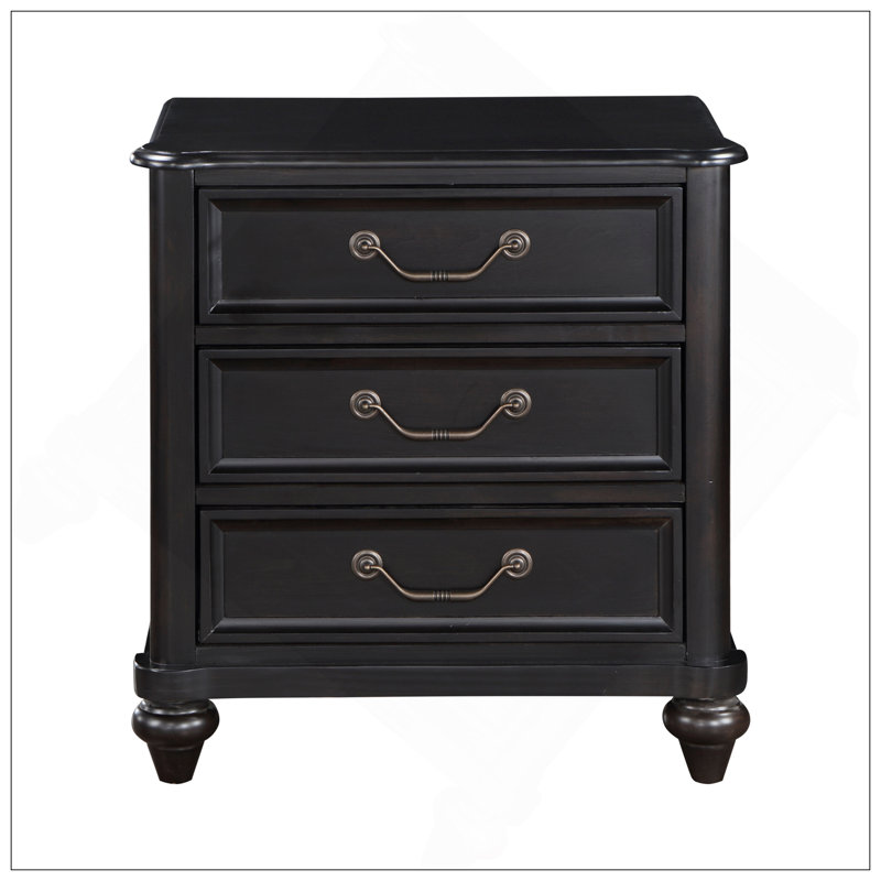 Table de chevet traditionnelle gris anthracite avec 3 tiroirs, poignées antiques et design classique pour un rangement élégant dans la chambre à coucher