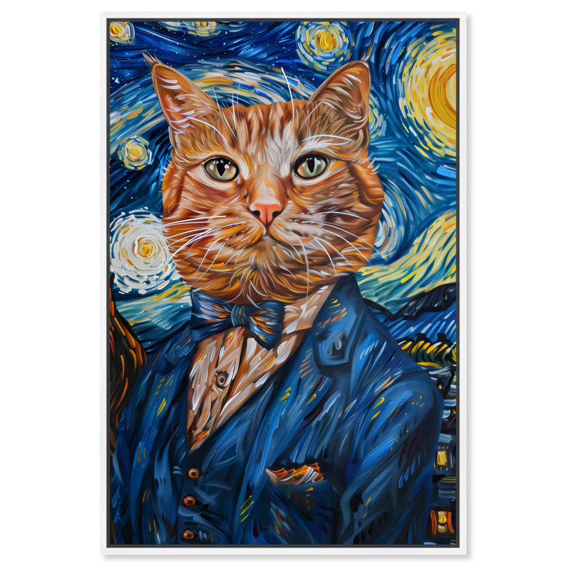 «Starry Night Van Gogh Cat», impressions sur toile de chat excentrique par Notoriart, Cadre blanc, H 55 po x l 37 po