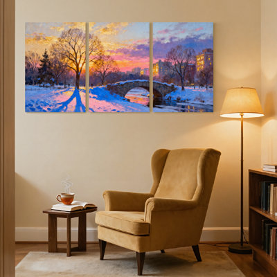 Scénario et paysages urbains, coucher de soleil, parc, pont, arbres de neige, ciel, ensemble de 3 impressions sur toile