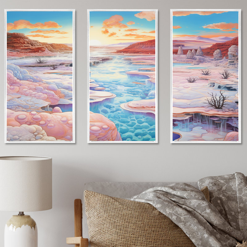 «Kawaii Landscape», ensemble d'art mural Geyser, Cadre flottant blanc, H 32 po x l 48 po x P 1 po