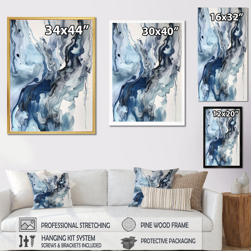 Bleu et gris Elixir éthéré II - art mural abstrait, H 40 po x l 30 po, Sans cadre, Toile tendue