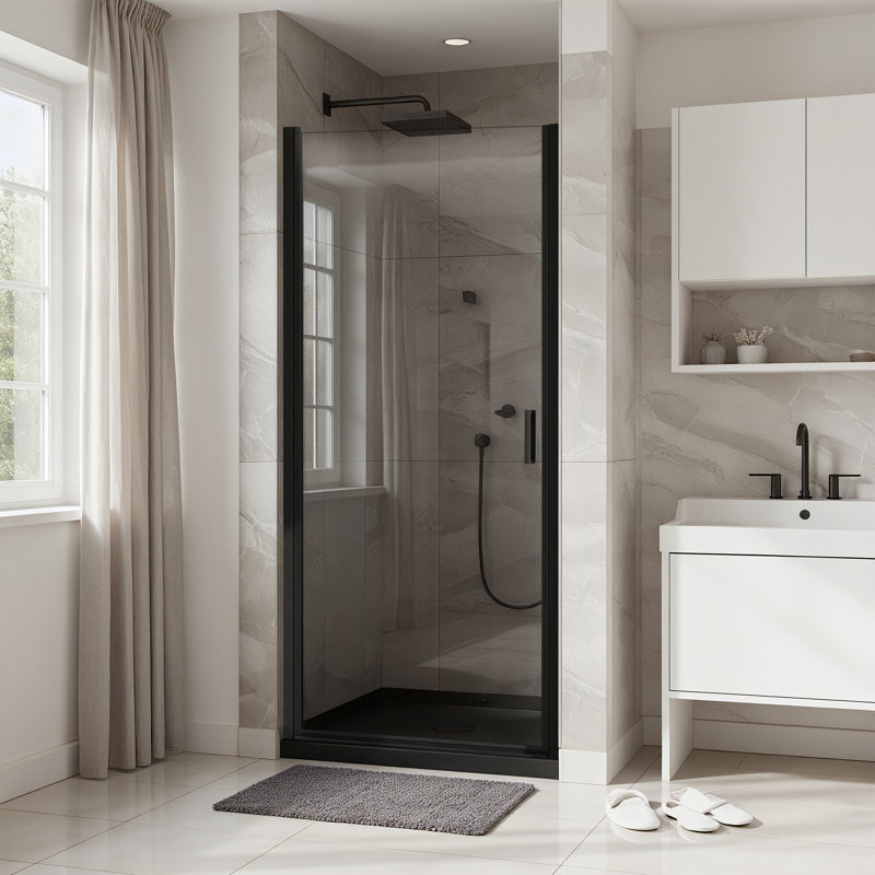 Porte de douche pivotante l 34 po x H 72 po avec demi-cadre en verre trempé transparent