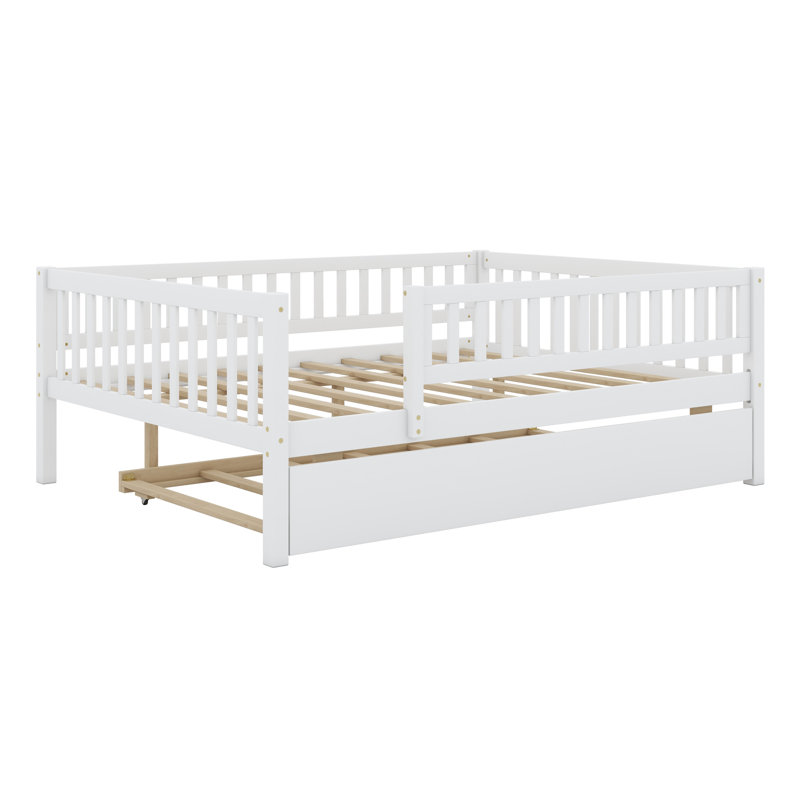 Wood Daybed With Trundle And Fence Guardrails, White