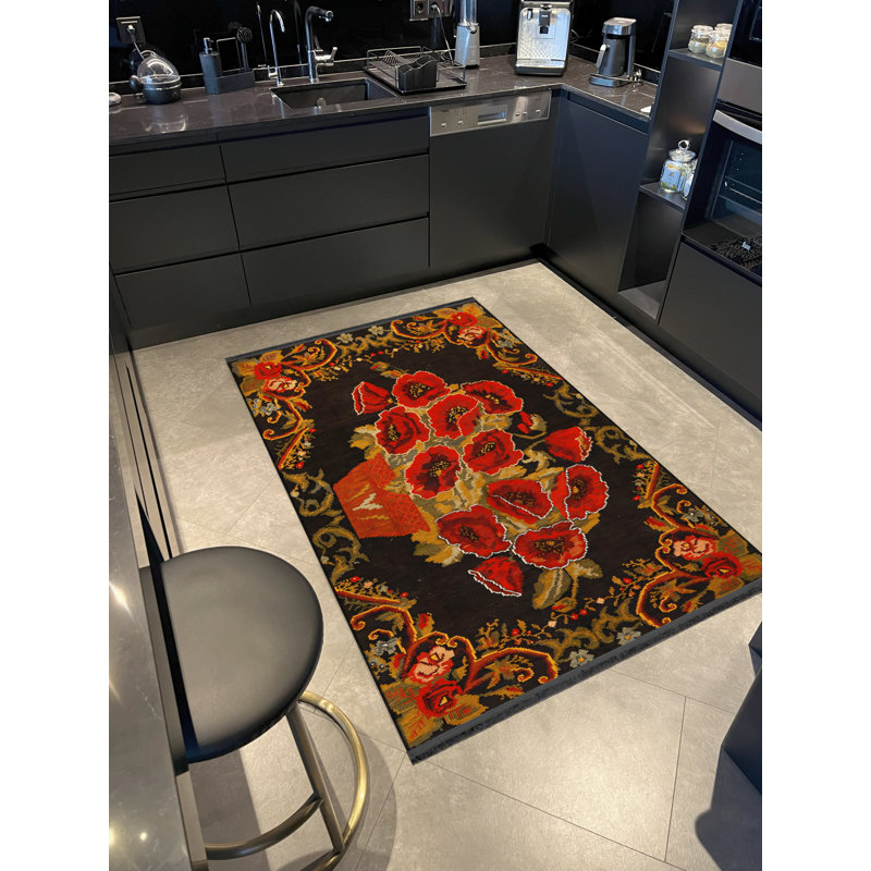 Tapis décoratif moderne noir et jaune à motif floral et rose à franges, Rectangle 3 pi 9,81 po x 6 pi 6,74 po