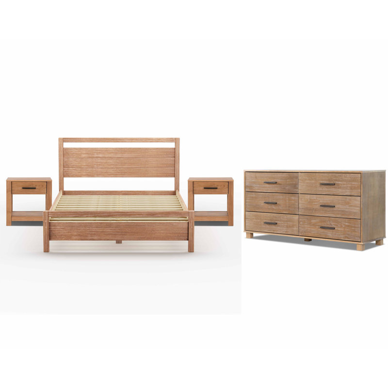 Loft Solid Wood Piece Bedroom Set, Acacia, 4 Pieces: Bed, 2 Nightstands, Dresser, Queen