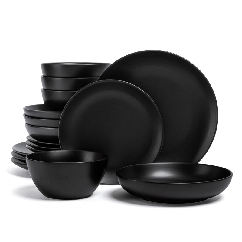 over&back Coupe 16-Piece Semi Hand-Finished Stoneware Dinnerware Set, Service for 4, Black