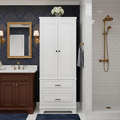 73" Tall Freestanding Bathroom Storage Cabinet With Thick Crown Top, 2-Door Linen Tower With 2 Deep Drawers & Shelves, White Floor Cabinet For Bathroom, Kitchen, Living Room