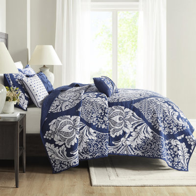Courtepointe en coton imprimé, indigo, design élégant, surpiquage sur l'ensemble, coussins brodés 6 pièces avec coussins, imprimé sophistiqué, environnement de sommeil confortable