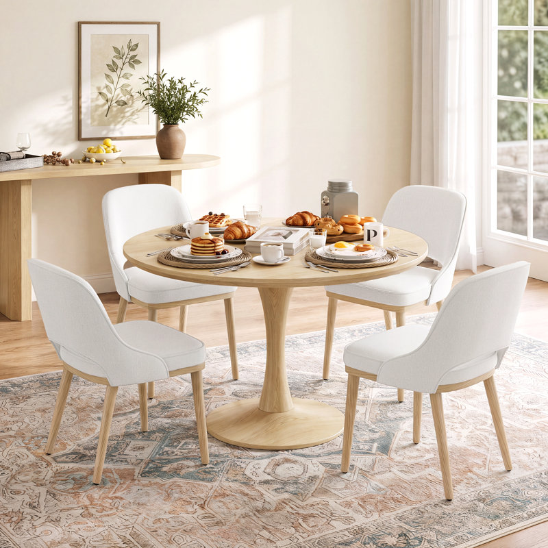 Chaise rembourrée en chenille avec pieds en bois massif, Beige, 4