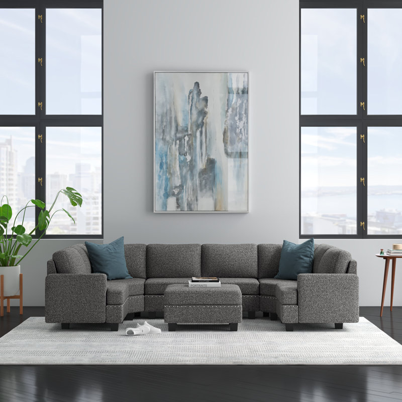Canapé modulaire surdimensionné en U avec repose-pieds de rangement Anureet, 100 % polyester gris clair