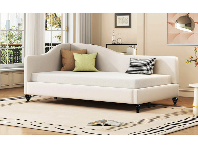 Lit de jour simple en L en forme de L avec pieds en bois massif, Beige, Lit simple