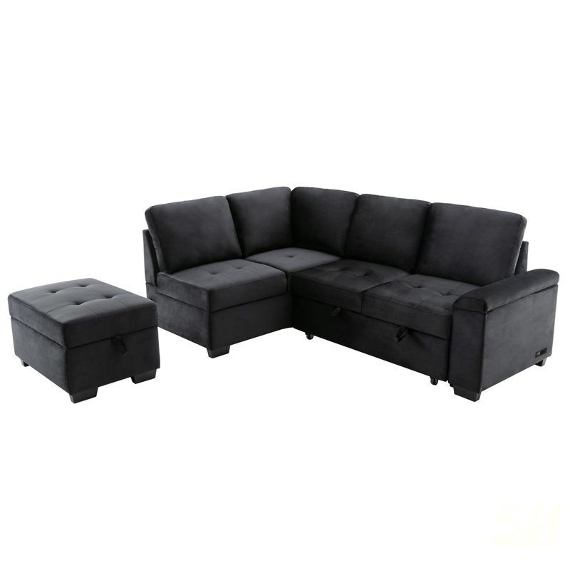L-Shape Corner With Charge & Hidden Space, Black Sectional -Bed Armrest Storage , Fabric, Black Velvet