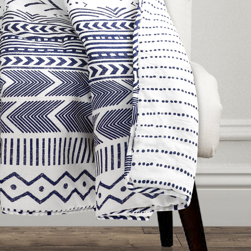 Jeté en coton Hygge Geo, Bleu marine/blanc