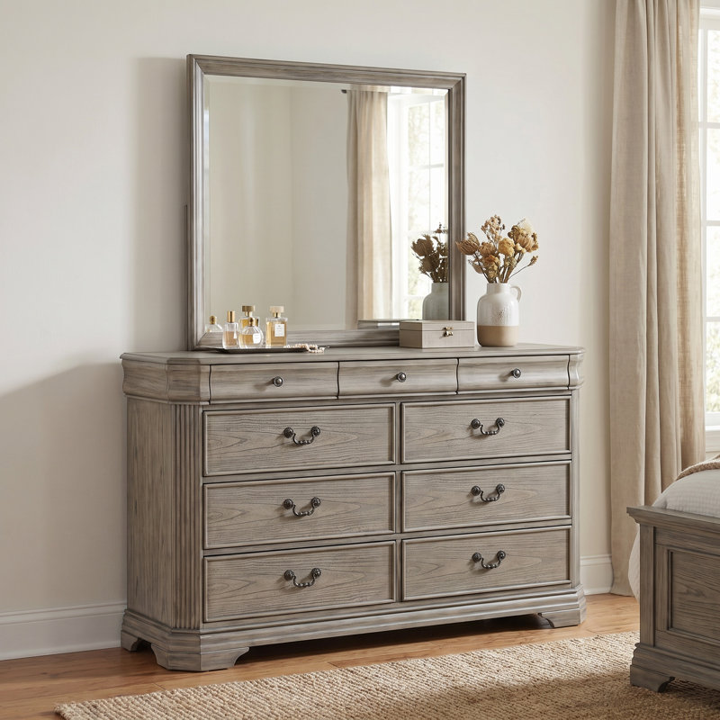 Commode 6 tiroirs rustique en chêne gris antique avec miroir et plateaux coulissants, Gris antique