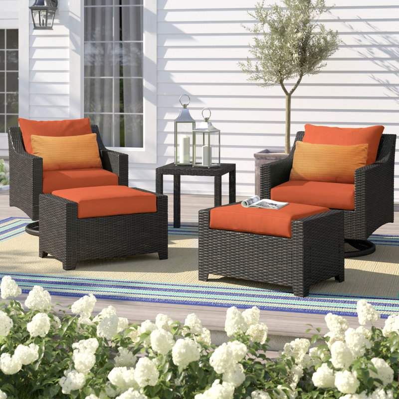 Mifflin 5 Piece Rattan Sunbrella 2 Person Seating Group with Cushions, Tikka Orange Sunbrella