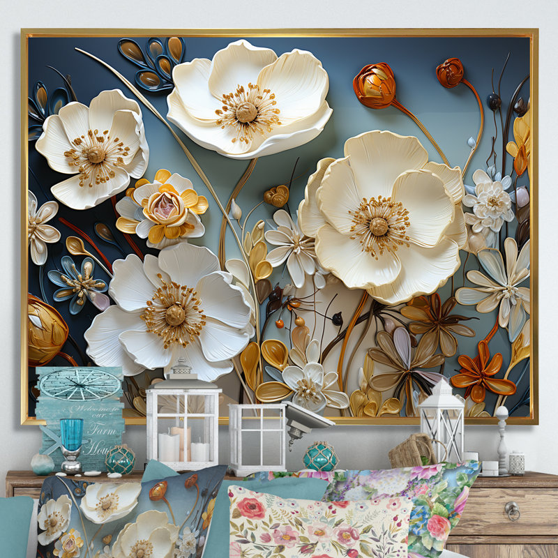 Jaune et gris coquelicots, art liquide - art floral sur toile, Cadre flottant doré, H 12 po x l 20 po x P 1 po