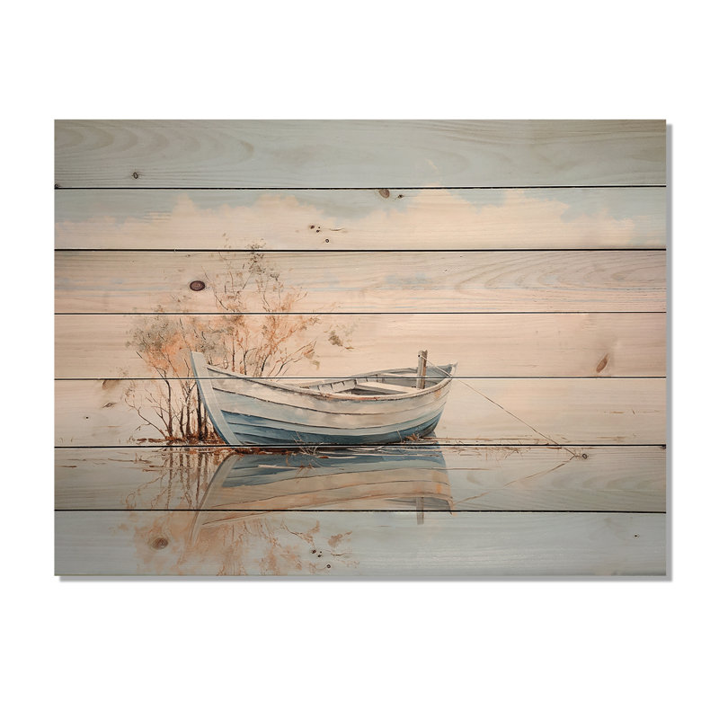 Petit bateau bleu et blanc au bord du lac - Bateau côtier, art mural sur bois de pin naturel, H 24 po x l 32 po