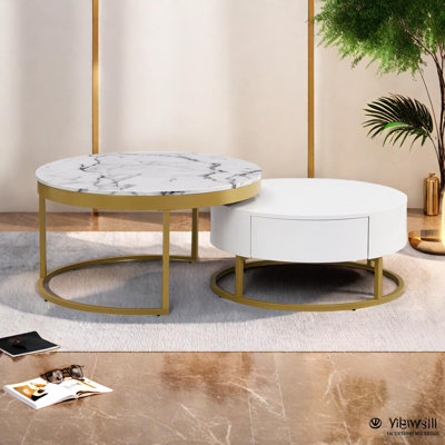 Table basse gigogne moderne avec tiroirs Modern - Finition blanche et dorée