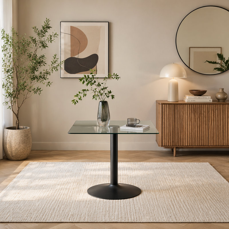 Table de salle à manger 38,5 pouces moderne minimaliste carrée en verre avec base en métal à colonne unique. Disponible en noir, or ou argent. Table de salle à manger à domicile. Convient pour 2 à 4 personnes. (Table seulement)