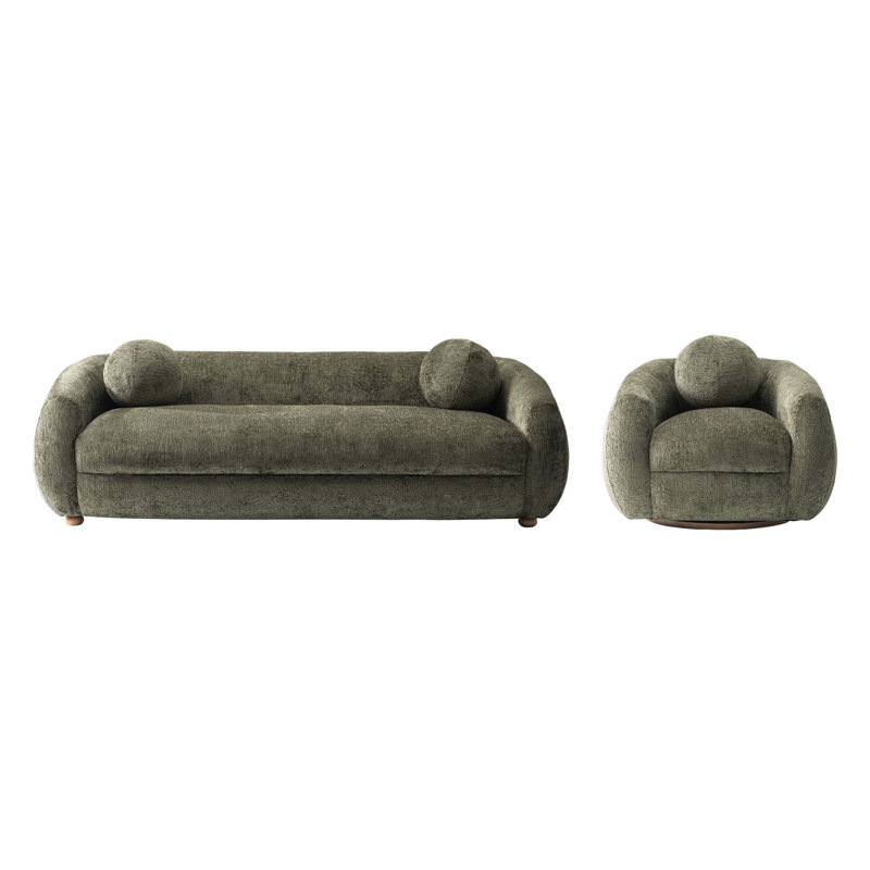 Cezmi 2-Piece Modern Chenille 85.8" Sofa and Accent Chair Set in, Cezmi Green Chenille