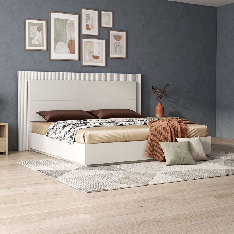 Lit plateforme en bois avec tête de lit à DEL, Très grand lit, Blanc