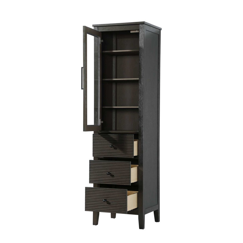 20 Inch Glass Bath Storage Glass Cabinet in Chocolate Oak, 72" H x 20" W x 18" D, Chocolate Oak