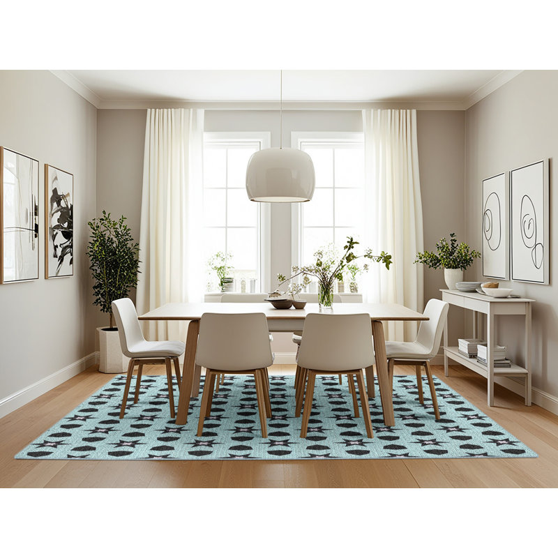 Tapis noir/bleu ciel tissé à la machine, Rectangle 7 pi x 10 pi
