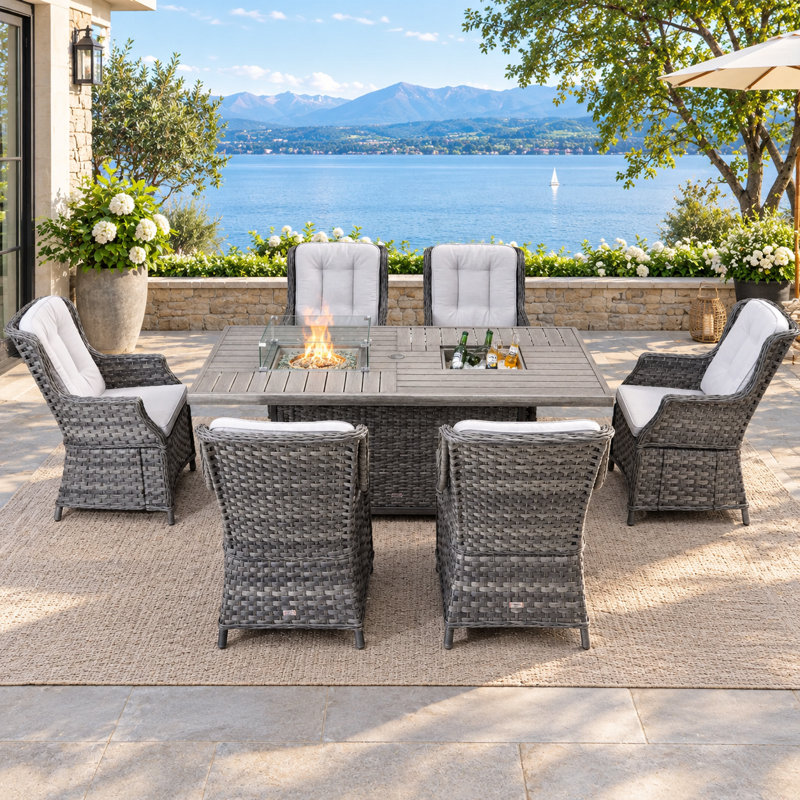 Ensemble repas pour 6 personnes en osier avec table de foyer et seau à glace, coussins inclus
