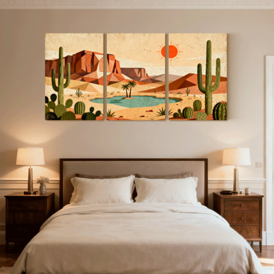 «Landscape & Nature Desert Landscape with Cacti and Rock Formations», ensemble de 3 impressions d'art sur toile