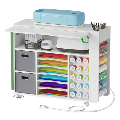 Table de bricolage, organisateurs de bricolage et rangement, chariot de rangement roulant avec tiroirs, prise de courant, armoire de bricolage avec support de machine et porte-rouleau en vinyle, poste de travail pour la maison