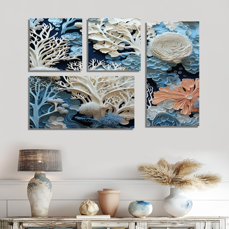 Sous l'eau, coraux bleus et blancs, collage I - art mural bleu, 4 pièces, Toile tendue, Ne s’applique pas