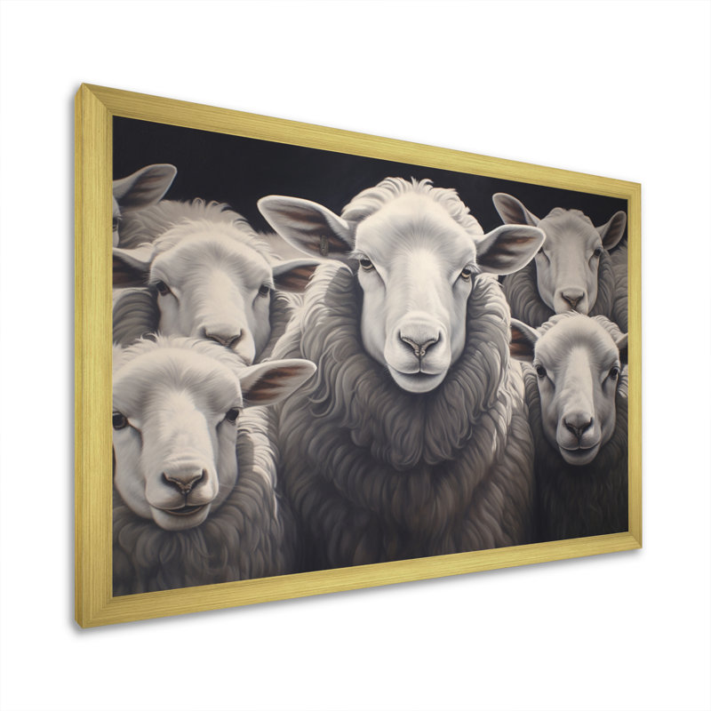 Famille de moutons monochrome II - impression, H 24 po x l 32 po x P 1 po, Cadre doré à une seule photo