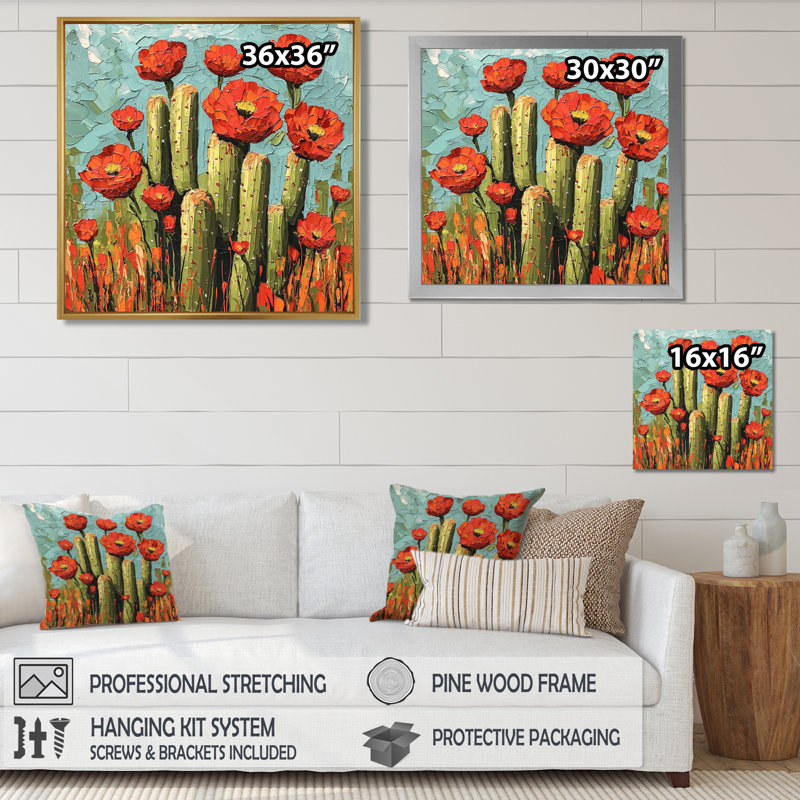 Cactus et les fleurs du désert II - Cactus, impressions sur toile, Impression encadrée flottante, Noir, noir, noir, noir