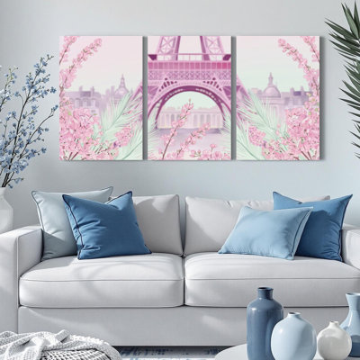 Ensemble de 3 toiles murales encadrées représentant des fleurs de cerisier roses et la Tour Eiffel, pour la décoration du salon et de la chambre.
