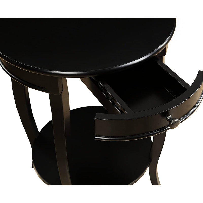 Table de bout ronde, noire, tiroir pour rangement à distance, tablette ouverte, placage en bois, table Living zones avec placage pour petits accessoires
