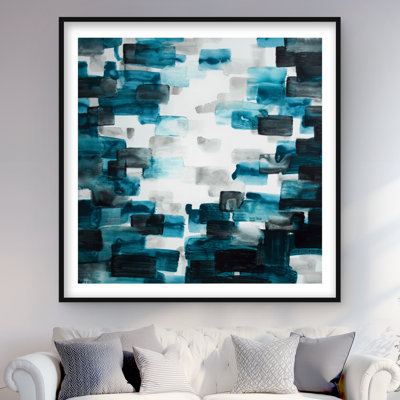 Carrés turquoise et gris | Gris, reproduction d'art encadrée abstraite