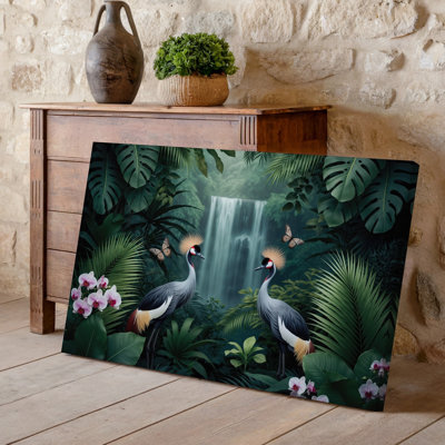 Toile, scène sereine de la jungle avec deux grues élégantes avec art mural saisissant