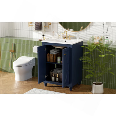 Meuble-lavabo moderne de 24 po avec motif elliptique orné et charnières à fermeture en douceur, armoire de salle de bain avec structure ouverte au dos, pieds tournés en boule avec élégance française