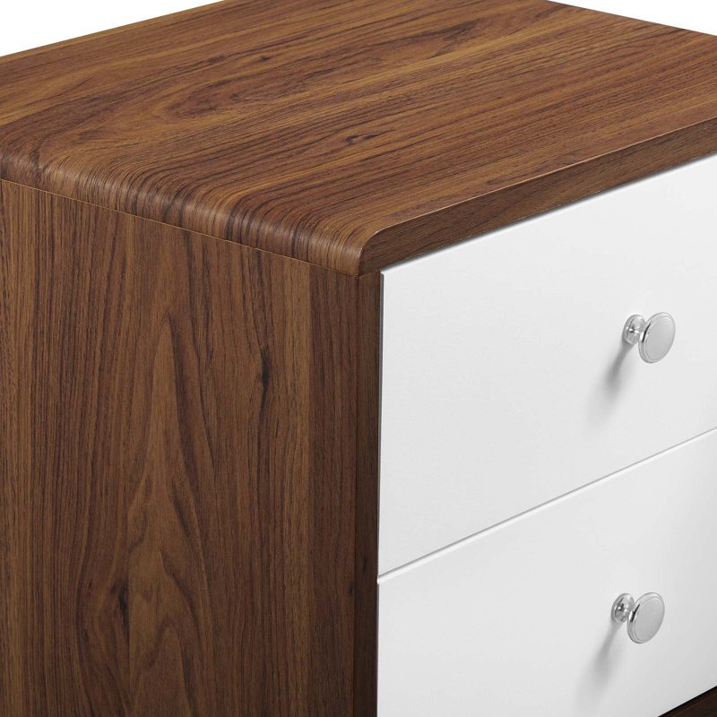 Walnut and White 2-Drawer Mid-Century Modern Nightstand