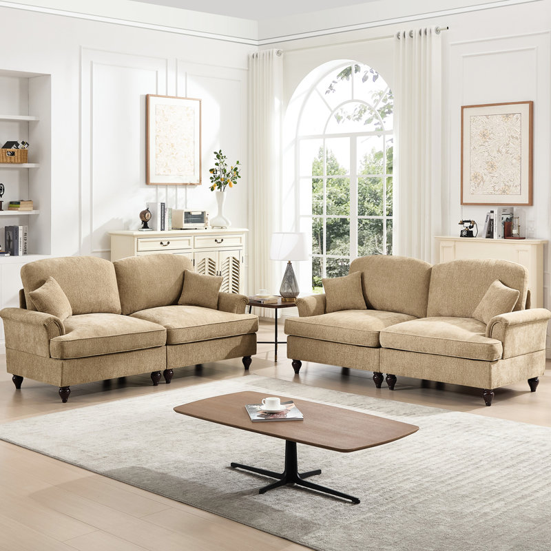 Canapé modulaire classique avec tissu en chenille doux, soutien du corps en forme de pétale et confortable en café, accoudoirs évasés 2 pièces, jupes de plis à volants amovibles, siège à pattes et siège café,